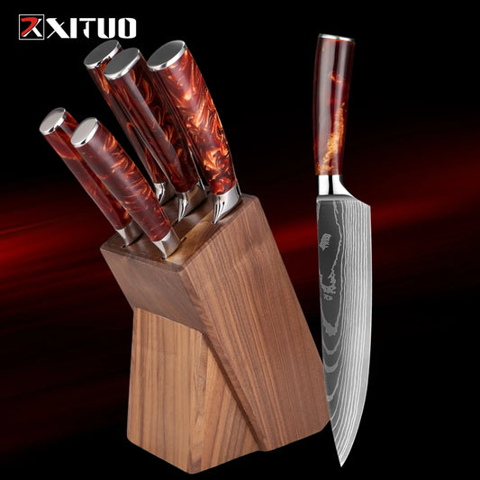 XITUO Kitchen Knives Suppliers Wholesale & Dropshipping  High-end Kitchen Knife Set Includes chef's knife, bread knife, boning knife, fruit knife, solid wood knife holder Resin Handle